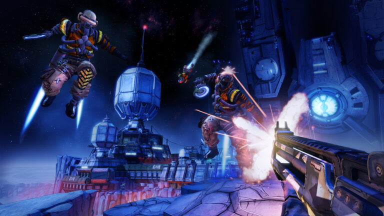 A scene set on the moon of Pandora, with two bandits in jetpacks jumping at the player, who is shooting at them.