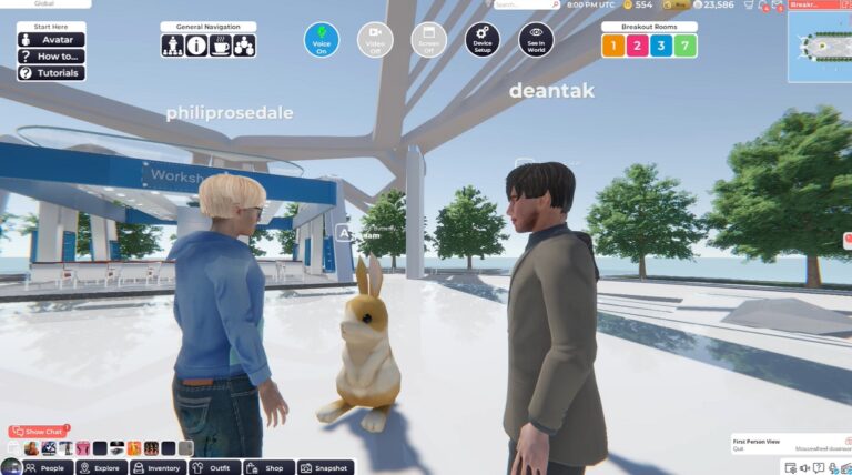 Philip Rosedale, Adam Frisby (the bunny), and Dean Takahashi (right) talk in Breakroom.