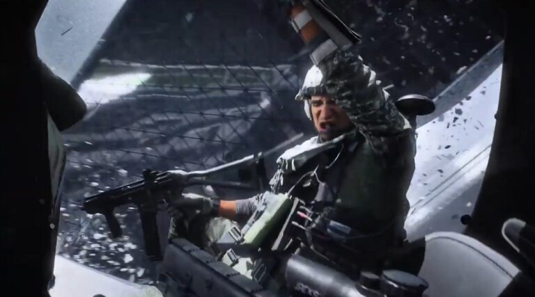 A soldier hangs out during a tornado in Battlefield 2042.