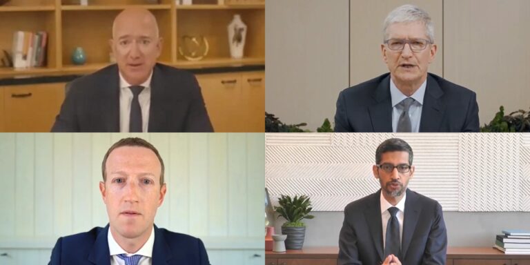 Apple CEO Tim Cook compared to Amazon CEO Jeff Bezos, Facebook CEO Mark Zuckerberg, and Google CEO Sundar Pichai testify virtually on Webex.