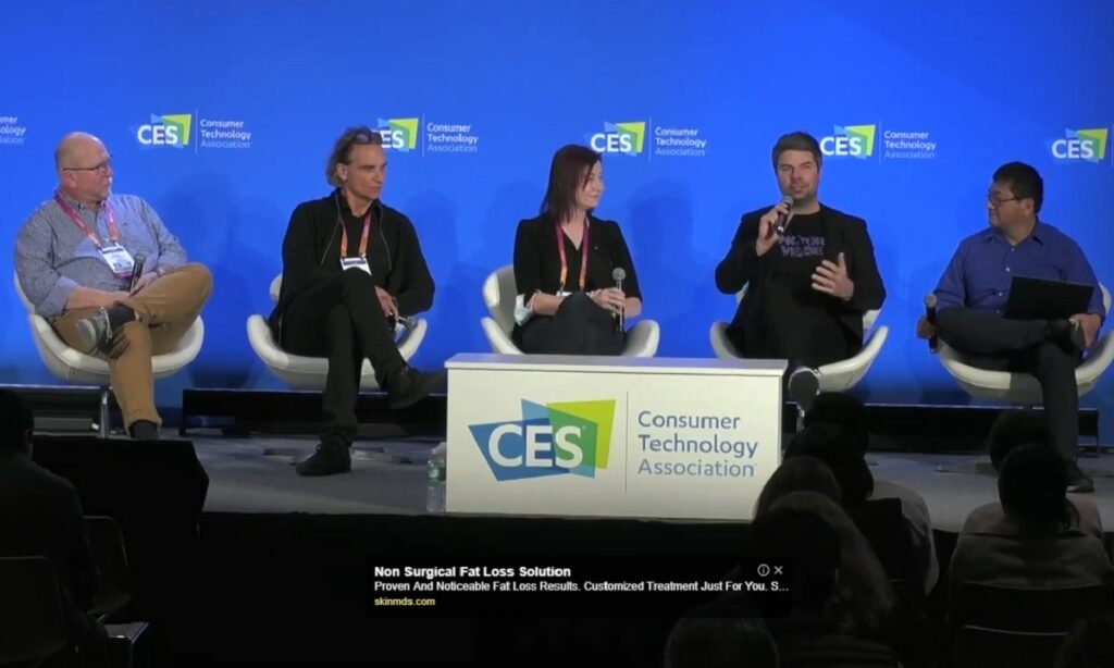Left to right: Mark Stutzman of Area 15, Dirk Lueth of Upland, Jeri Ellsworth of Tilt Five, Nils Wollny of Holoride, and Dean Takahashi of GamesBeat.
