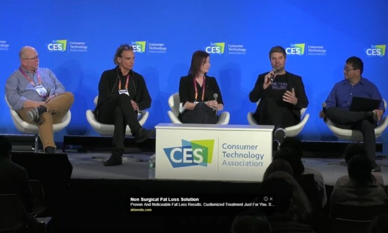 Left to right: Mark Stutzman of Area 15, Dirk Lueth of Upland, Jeri Ellsworth of Tilt Five, Nils Wollny of Holoride, and Dean Takahashi of GamesBeat.