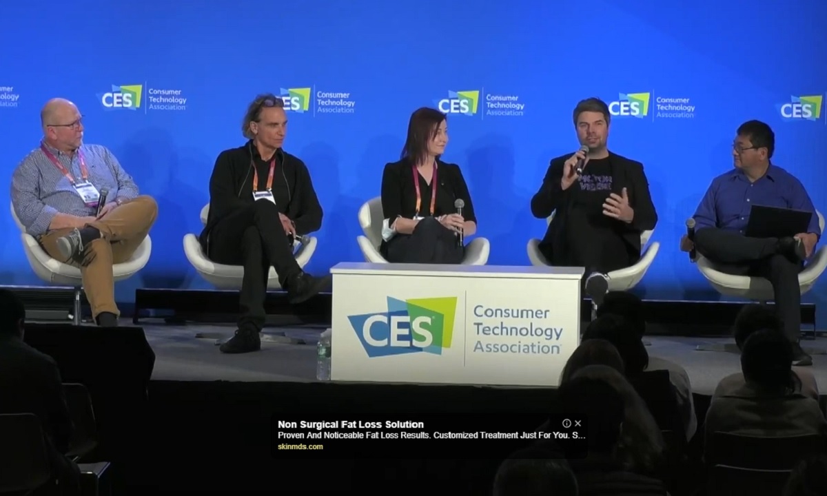 Left to right: Mark Stutzman of Area 15, Dirk Lueth of Upland, Jeri Ellsworth of Tilt Five, Nils Wollny of Holoride, and Dean Takahashi of GamesBeat.