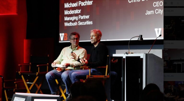Chris DeWolfe (right), CEO of Jam City, speaks with Michael Pachter of Wedbush Securities at GamesBeat Summit 2019.