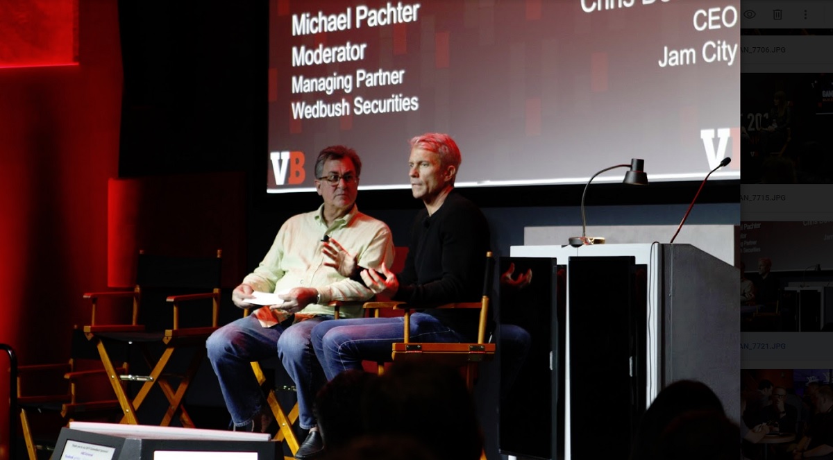 Chris DeWolfe (right), CEO of Jam City, speaks with Michael Pachter of Wedbush Securities at GamesBeat Summit 2019.