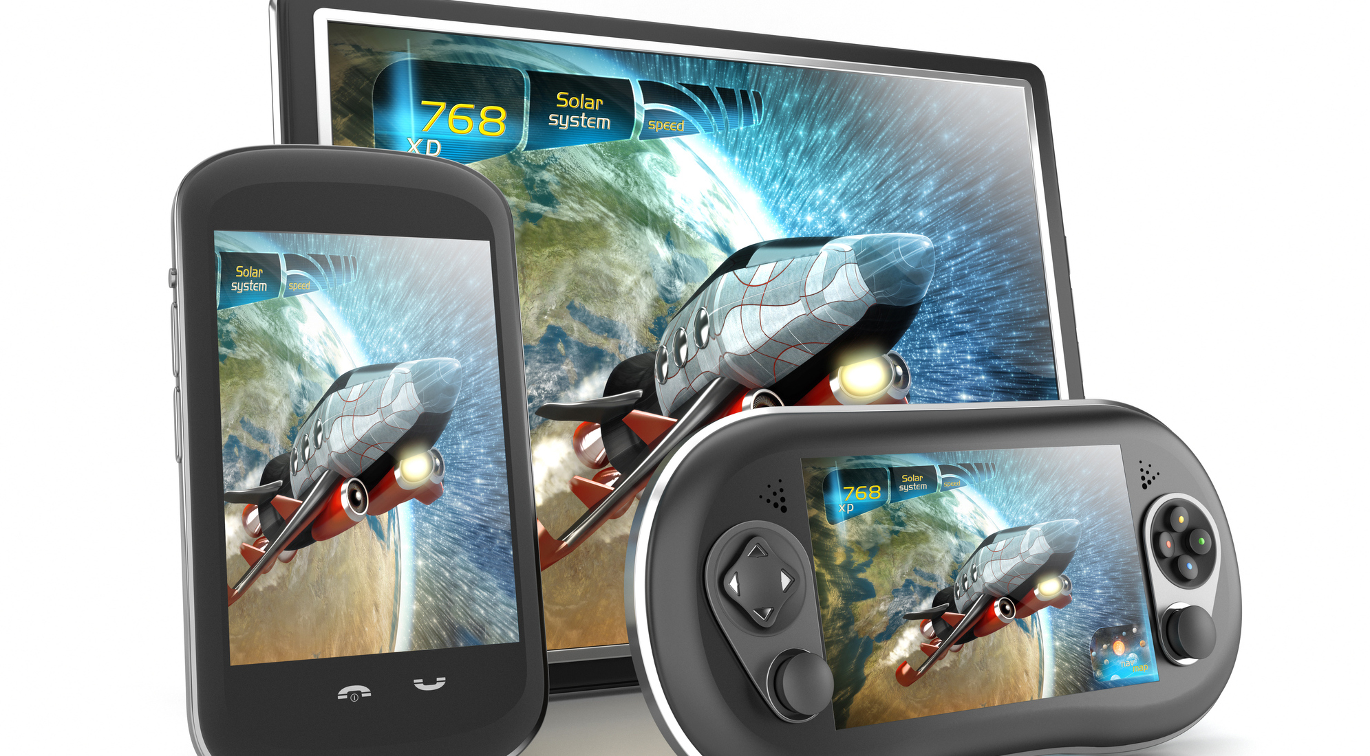 Tablet PC, smartphone and handheld console with a cross-platform video game screens.