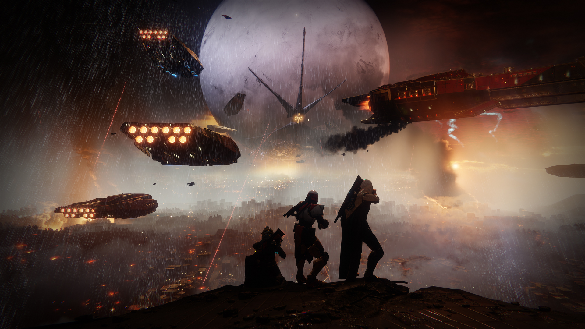 A screenshot of a burning city with three player characters in the foreground.