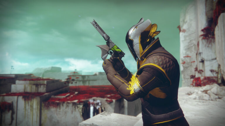Closeup of a Guardian warrior holding a pistol at the ready.