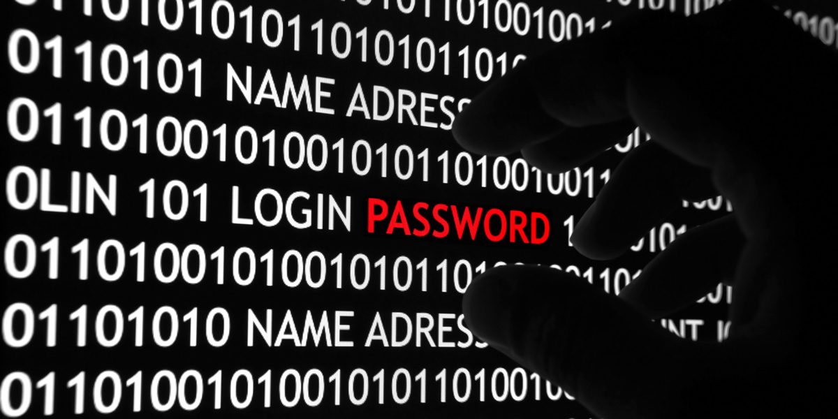 An image of a hand grabbing the word "password" (written in red) set against a background of binary code.