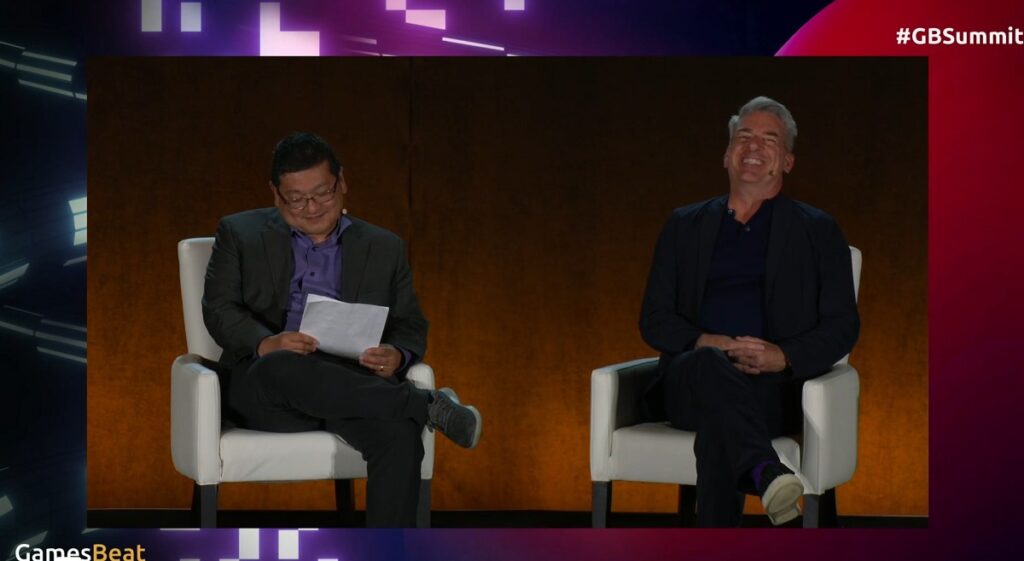 Dean Takahashi (left) and David Haddad, head of Warner Bros. Games, at GamesBeat Summit 2023.