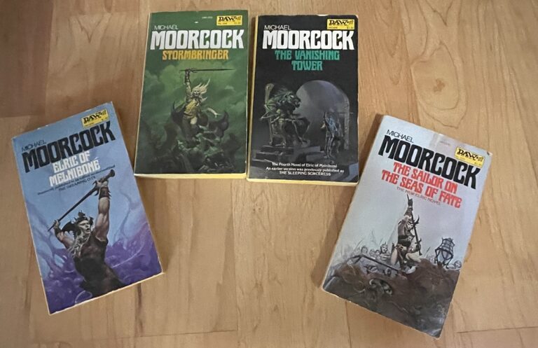 Four of the six Michael Moorcock books on Elric of Melnibone.