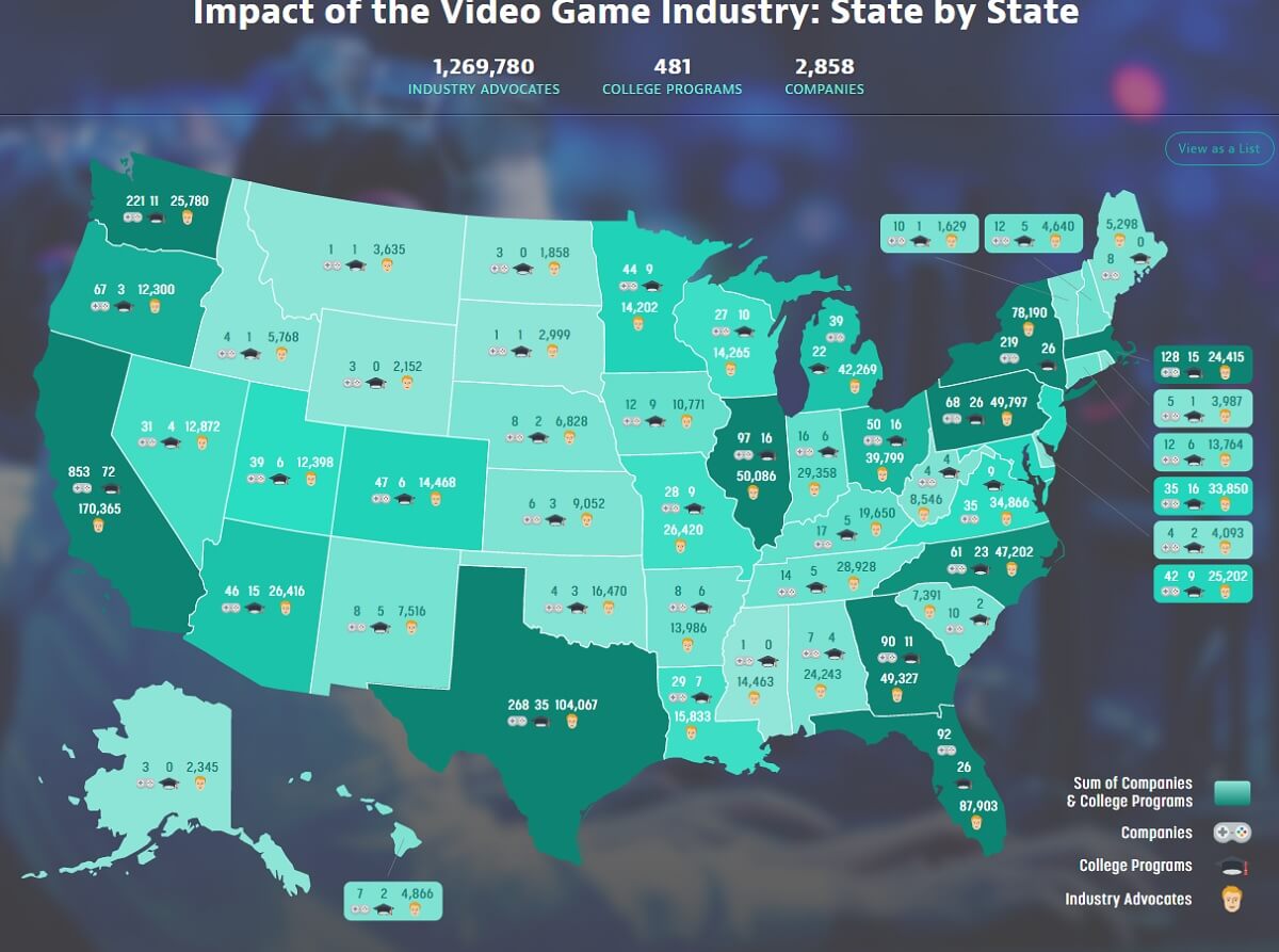 This 2017 ESA report showed where game jobs and companies were in the U.S.