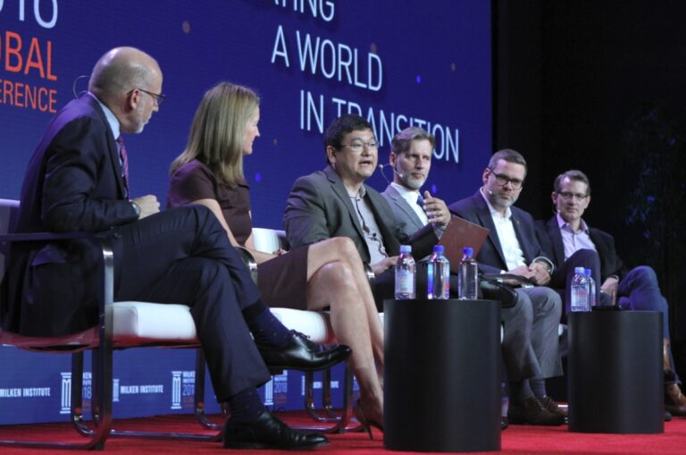 Esports panel at Milken event, left to right: Steve Cohen of AEG, Ann Hand of Super League Gaming, Dean Takahashi of GamesBeat, Ramon Herrera of Tencent, Nate Nanzer of Overwatch League, and Kent Wakeford of Gen.G.