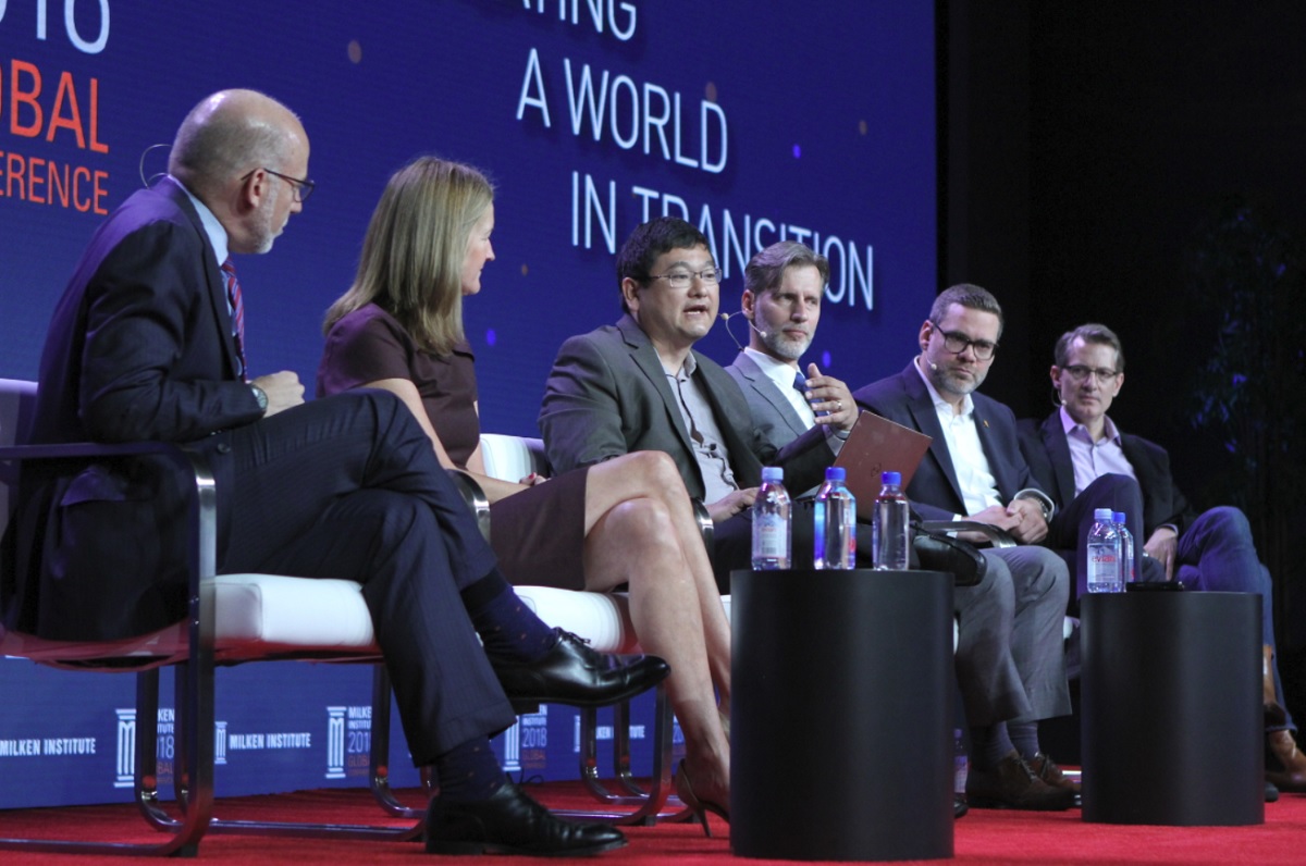 Esports panel at Milken event, left to right: Steve Cohen of AEG, Ann Hand of Super League Gaming, Dean Takahashi of GamesBeat, Ramon Herrera of Tencent, Nate Nanzer of Overwatch League, and Kent Wakeford of Gen.G.