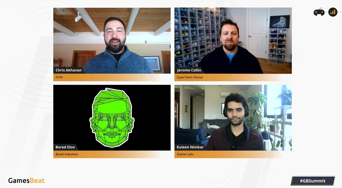 Panel of blockchain advocates (clockwise from top): Chris Akhavan, Jerome Collin, Kuleen Nimkar, and BoredElonMusk.