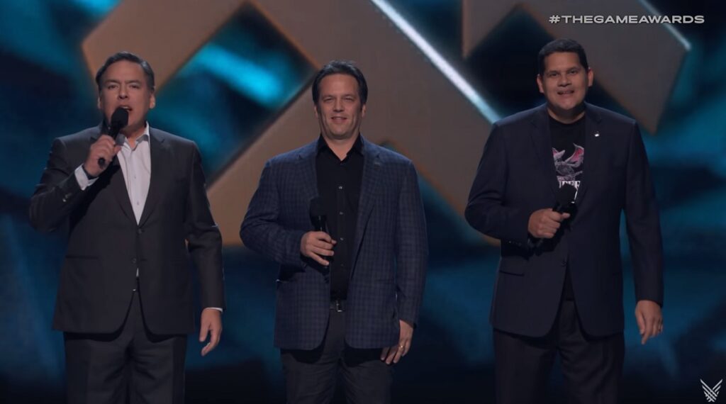 Shawn Layden (left) of Sony, Phil Spencer of Xbox, and Reggie Fils-Aime