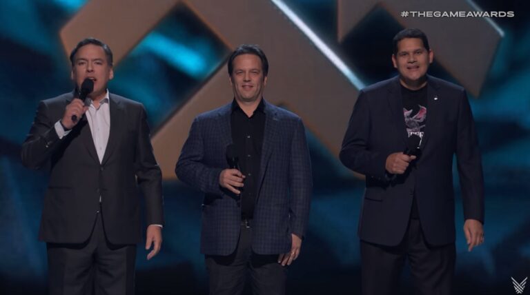 Shawn Layden (left) of Sony, Phil Spencer of Xbox, and Reggie Fils-Aime