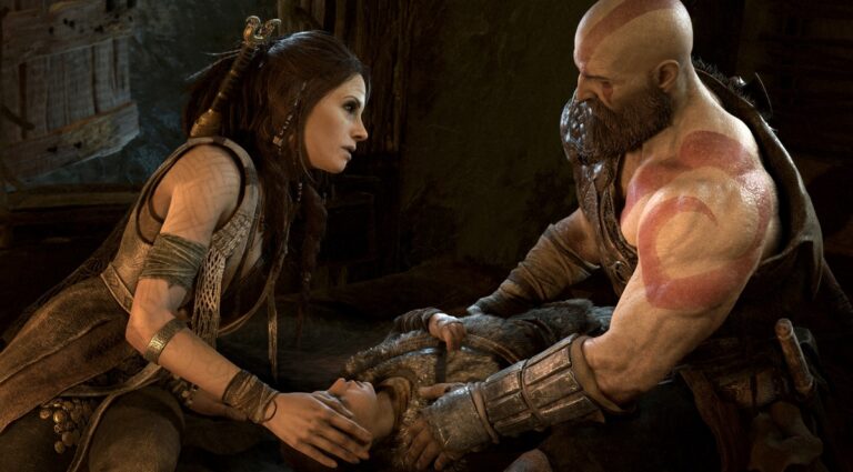 Freya and Kratos with an ailing Atreus in God of War.