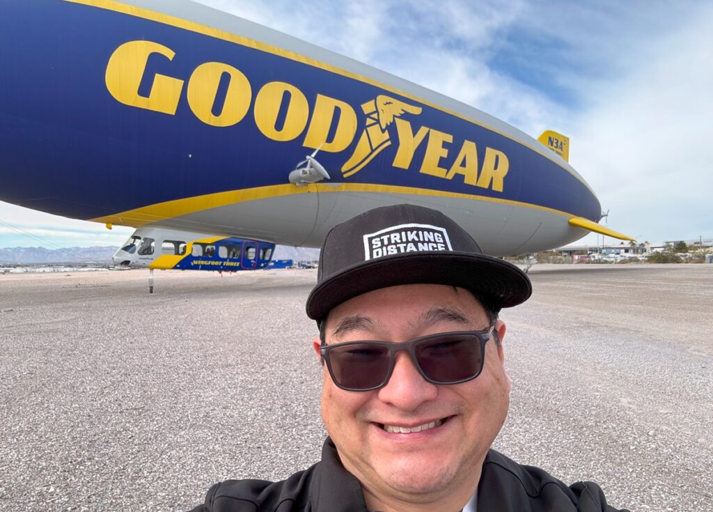 Dean Takahashi with the Goodyear Blimp. Don't take off without me.