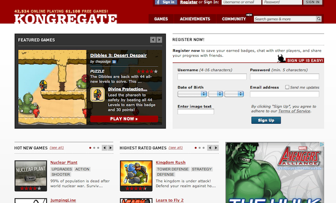 Kongregate web fron as of 8/16/12