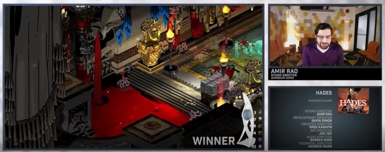 Amir Rao accepts the award for Game of the Year for Hades at the Dice Awards.