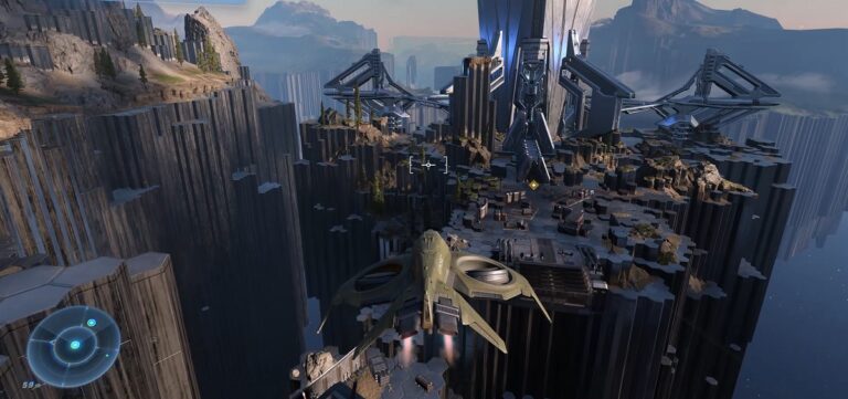 Flying above the landscape in Halo: Infinite.