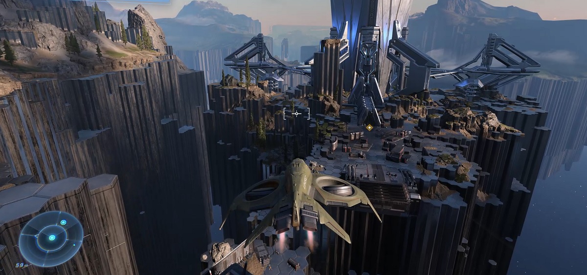 Flying above the landscape in Halo: Infinite.