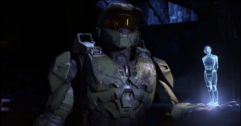 Master Chief and The Weapon AI character in Halo: Infinite.