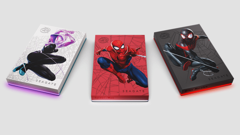 Spider-Man, Ghost-Spider, and Miles Morales external hard drives from Seagate