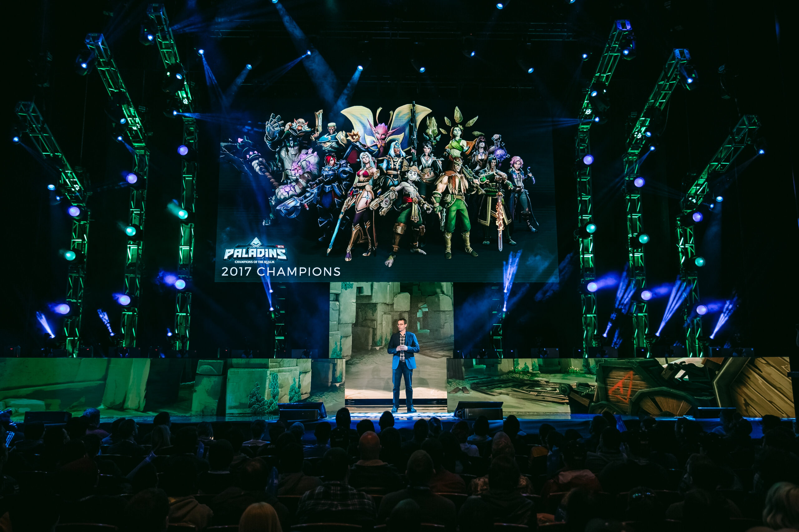 Hi-Rez Studios cofounder and Skillshot Media president Todd Harris on stage