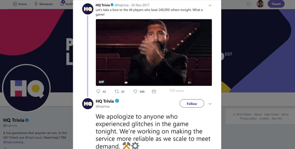 HQ Trivia suffered a glitch on Tuesday night.