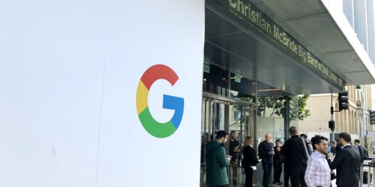Google logo on display at the Made by Google event held in October 2017 in San Francisco.