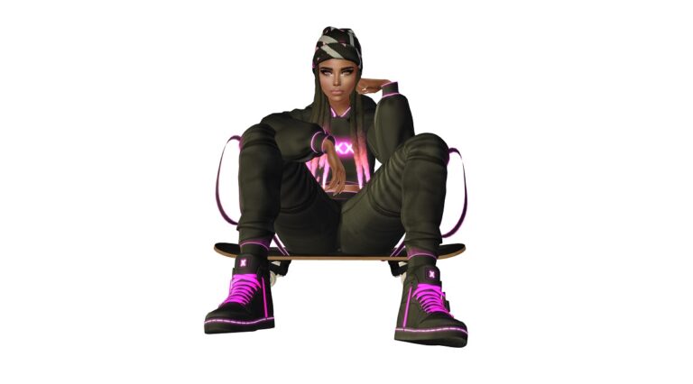 IMVU character shows off Streetwear pink hoodie.