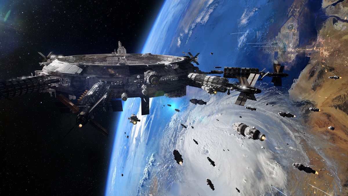 Concept art of the generational ships preparing to depart a dying Earth.