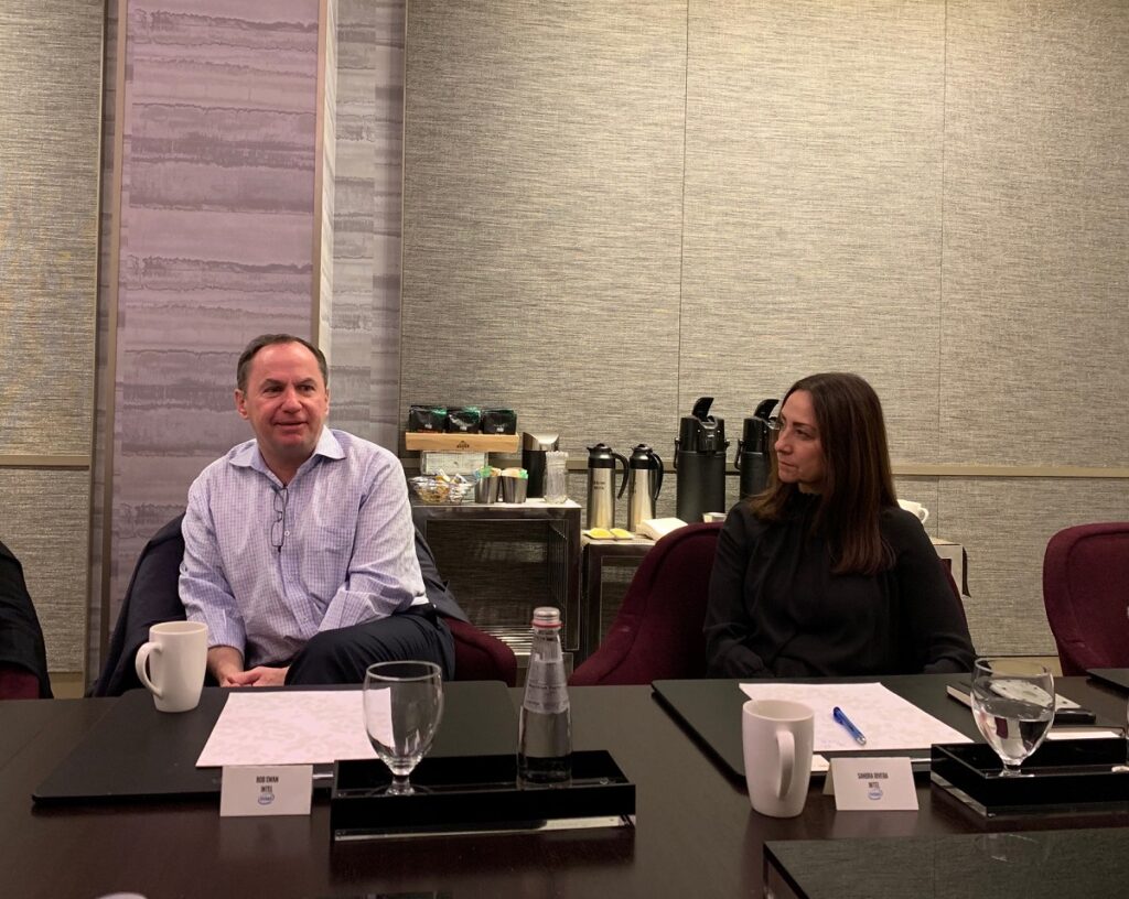 Intel CEO Bob Swan and senior vice president of network platforms Sandra Rivera.