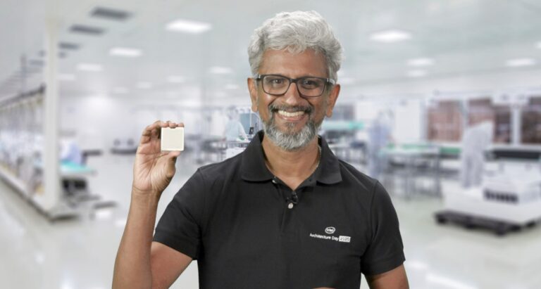 Intel chief architect Raja Koduri holds a Tiger Lake chip.