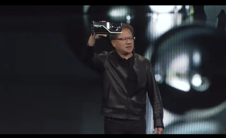 Jensen Huang of Nvidia shows off 10 GigaRay graphics card, the Quadro RTX 8000.