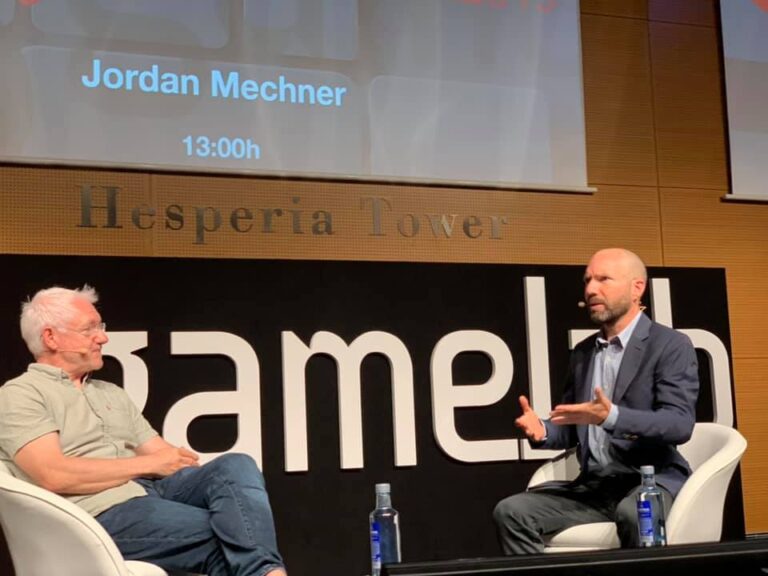 Fred Marcus (left) interviews Jordan Mechner at Gamelab.