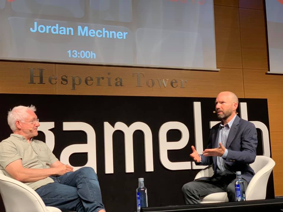 Fred Marcus (left) interviews Jordan Mechner at Gamelab.
