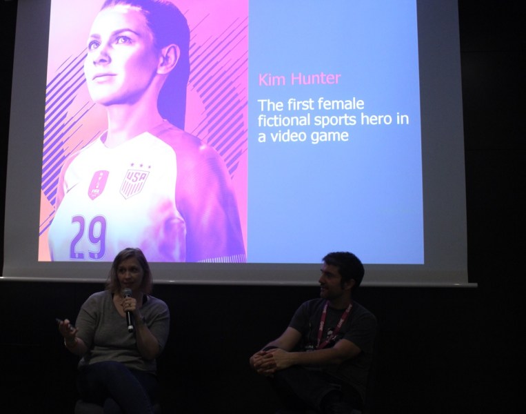 Katie Scott (left) speaks at Gamelab about female characters in soccer games.