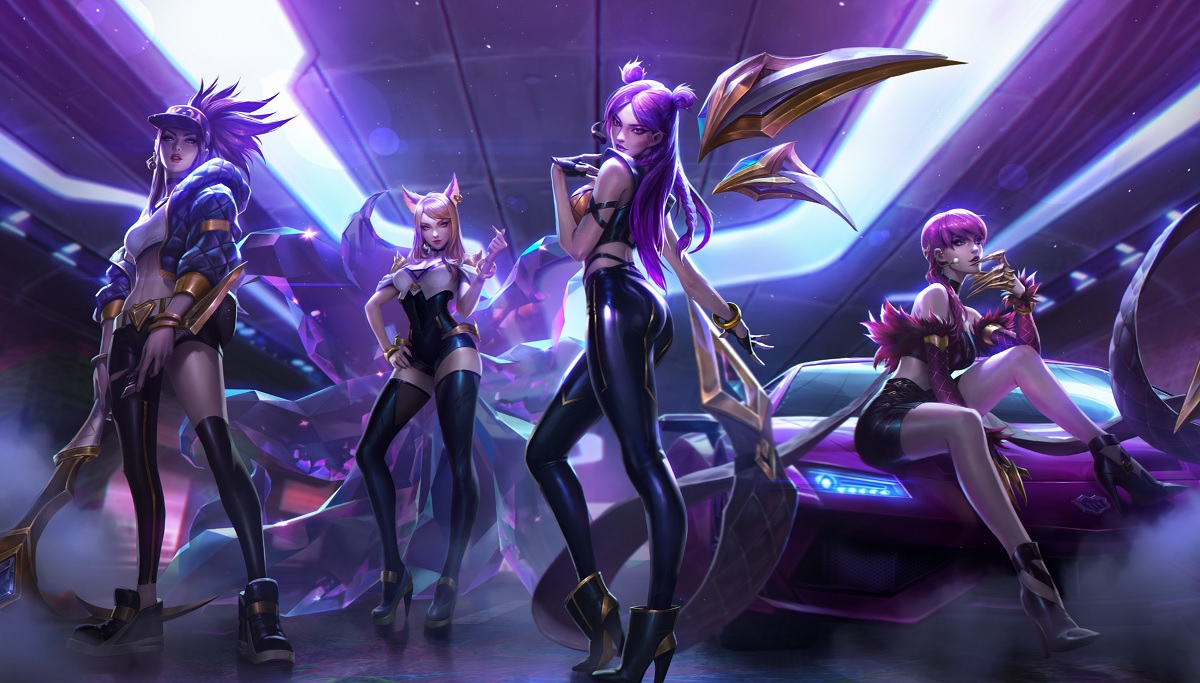 K/DA band (left to right): Akali, Ahri, Kai'Sa, and EvelynnK.