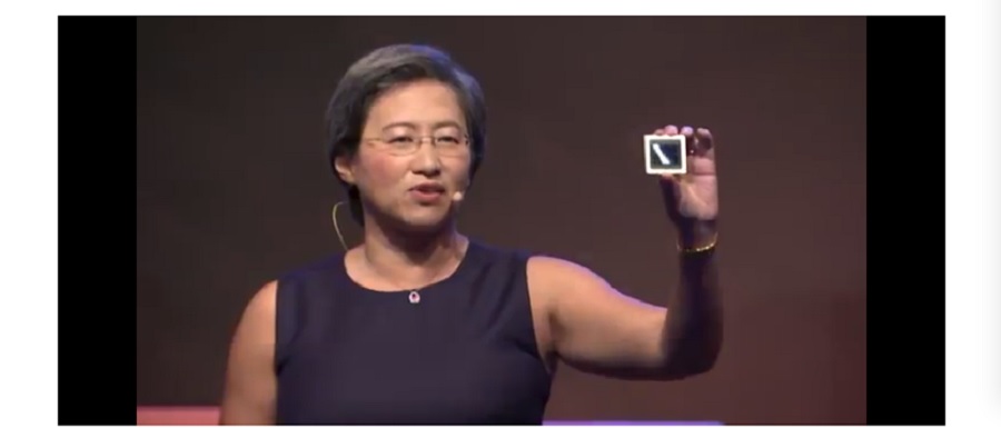 Lisa Su shows off the company's first 7-nanometer chip.