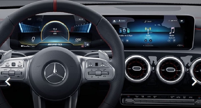 The steering wheel view of the Mercedes-AMG CLA 35.