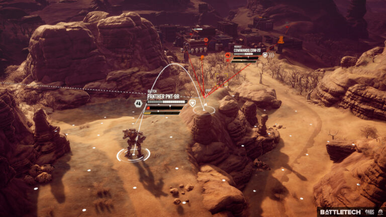 Battletech's tactical combat. A mech can jump to higher ground, but the red lines indicate whose line of fire it'll be in if it does.