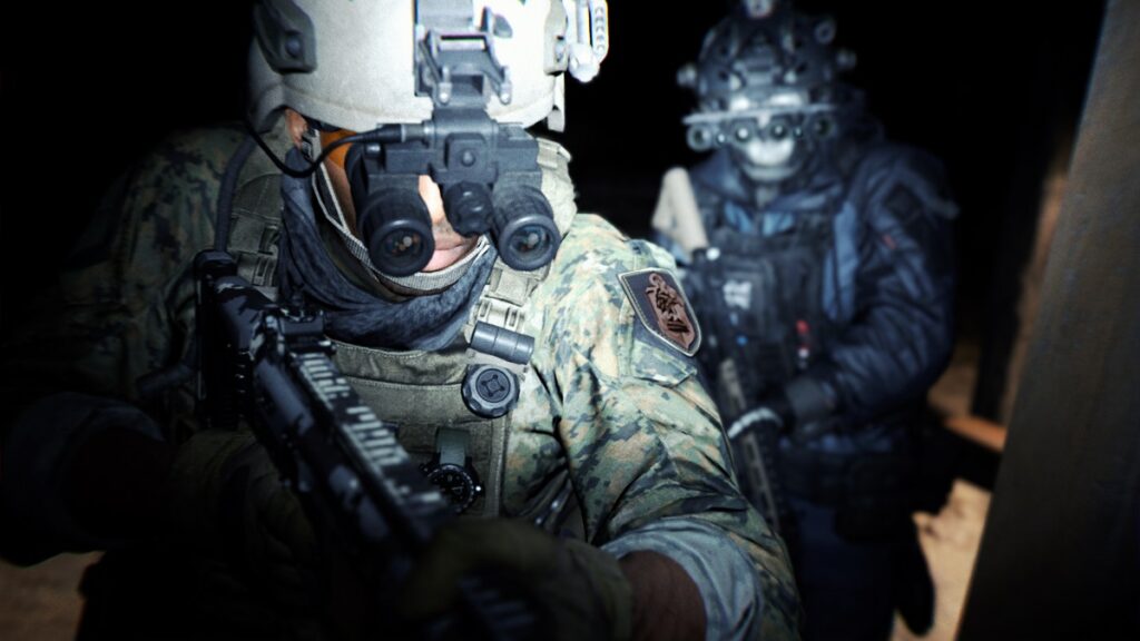 Closeup view of an operator at night in Call of Duty: Modern Warfare II.