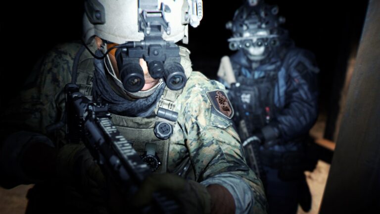 Closeup view of an operator at night in Call of Duty: Modern Warfare II.