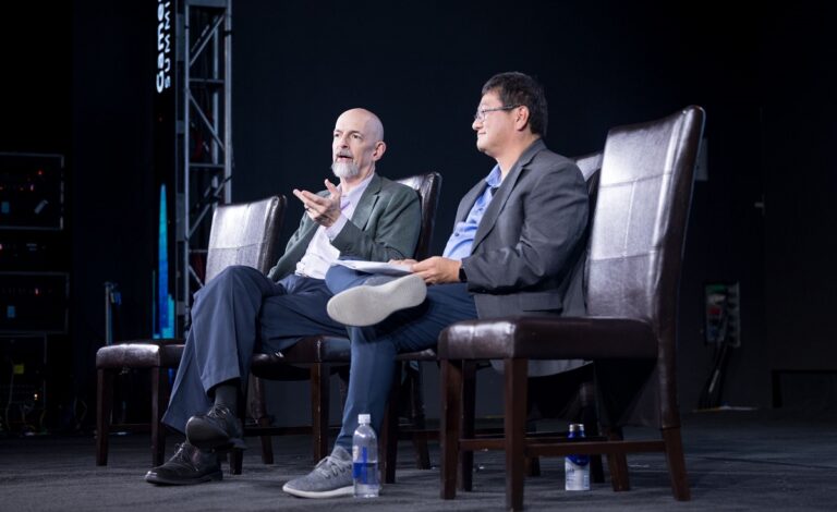 Neal Stephenson and Dean Takahashi speak at GamesBeat Summit Next 2022.