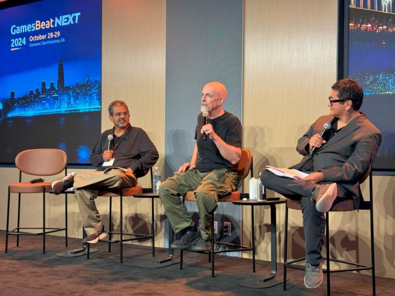 Left to right: Riz Virk, Neal Stephenson and Dean Takahashi at GamesBeat Next 2024.