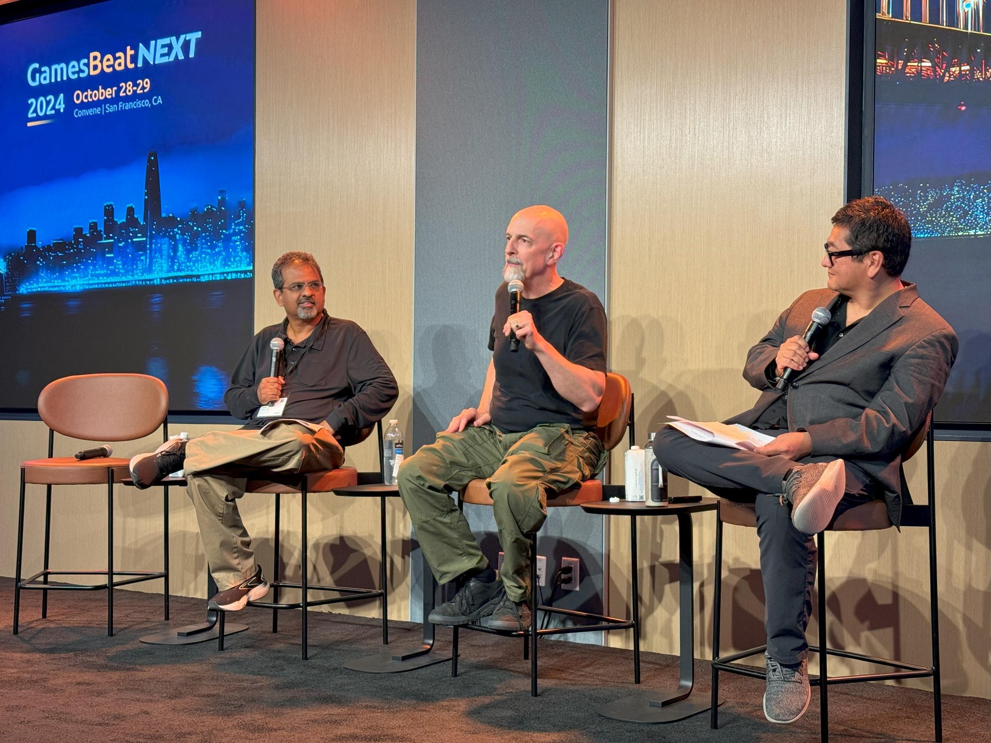 Left to right: Riz Virk, Neal Stephenson and Dean Takahashi at GamesBeat Next 2024.