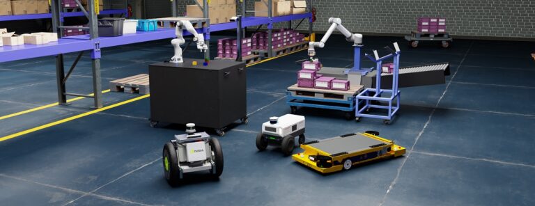 Nvidia Isaac Sim on Omniverse warehouse robots.
